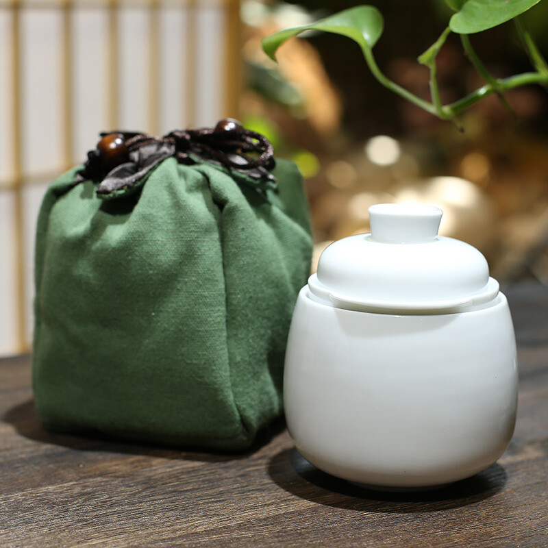 言艺陶瓷快客杯便携旅行茶具 功夫茶茶壶茶杯一壶一杯套装 青灰歪歪帽茶杯配绿色袋子